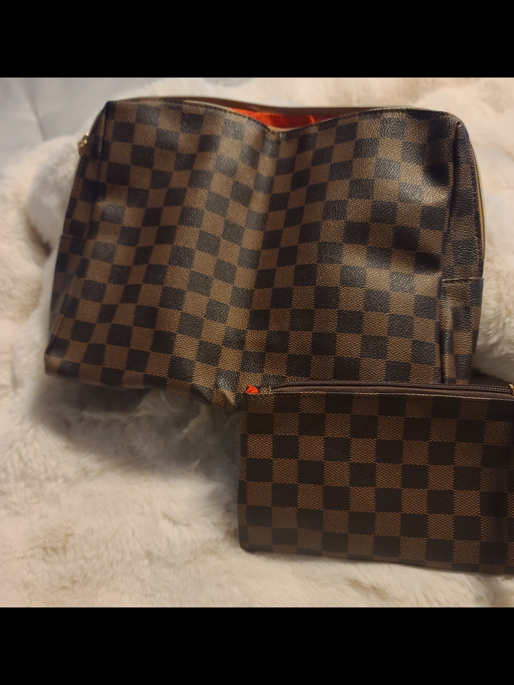 Brown Checkered Cosmetic Pouch Set with Wristlet - Picture 5 of 10